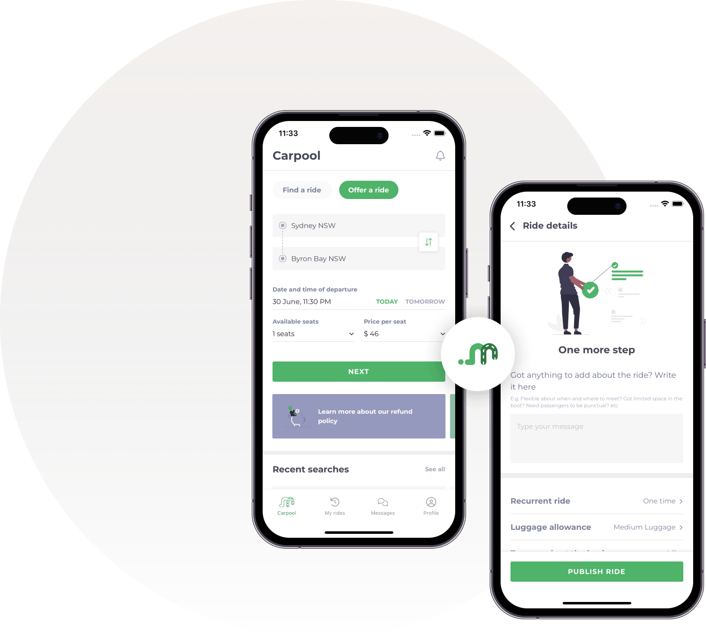 Image of a phone with the Moovl app showing the offer ride screen.