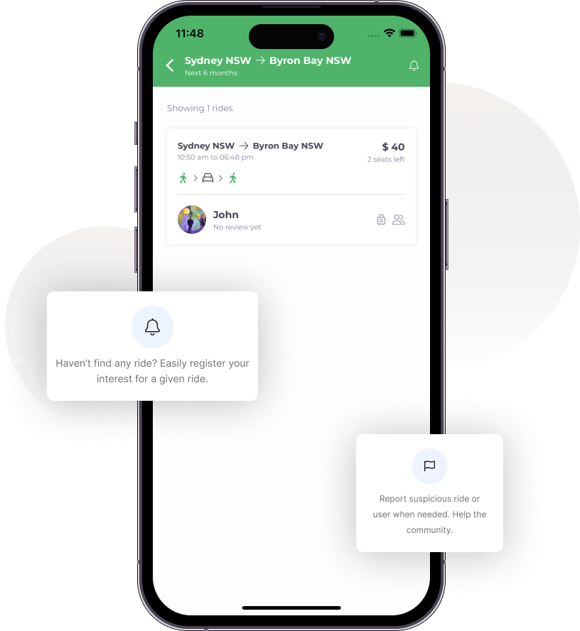Image of a phone with the Moovl app showing the search ride screen.