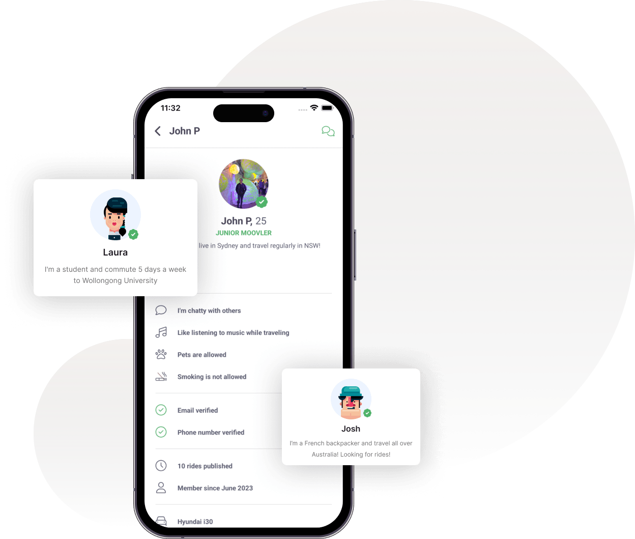 Image of a phone with the Moovl app showing the verified profiles screen.